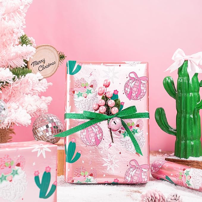 LeZakaa Pink Christmas Wrapping Paper Roll for Girls Women, Santa Disco Ball Cactus Design, Rose Gold Foil Western CowGirls Holiday Gift Wrap, Mini Roll 17 in x 16.4 Ft