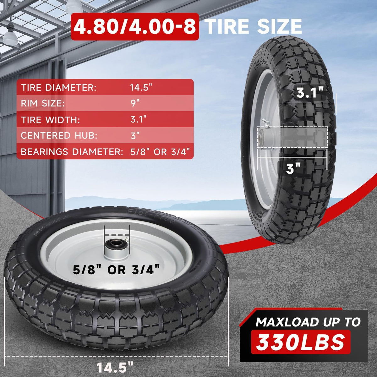 4.80/4.00-8 Tire and Wheel, 14.5" Flat Free Wheelbarrow Tire, 5/8" 3/4" Bearings Universal Solid Replacement Tires, 3" -7" Centered Hub for Hand Truck, Garden Cart, Includes Spacer Kit