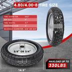 4.80/4.00-8 Tire, 14.5" Flat Free Wheelbarrow Tire and Wheel, 5/8" 3/4" Bearings Solid Replacement Tires, 3" -7" Centered Hub, Universal Fit 4.80/4.00-8, 3.50/3.00-8, 4.00-6, 2 Pack