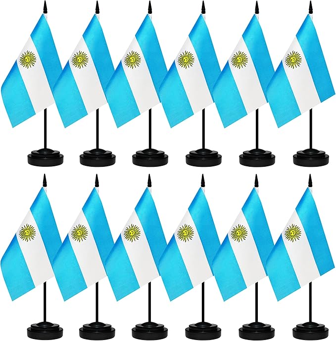 12 Pack Argentina Desk Flags Set, Argentine Small Mini Table Office Flags with 12" Solid Black Pole, 8.2 x 5.5 Inches, Home and Office Decoration, Festival Celebrations