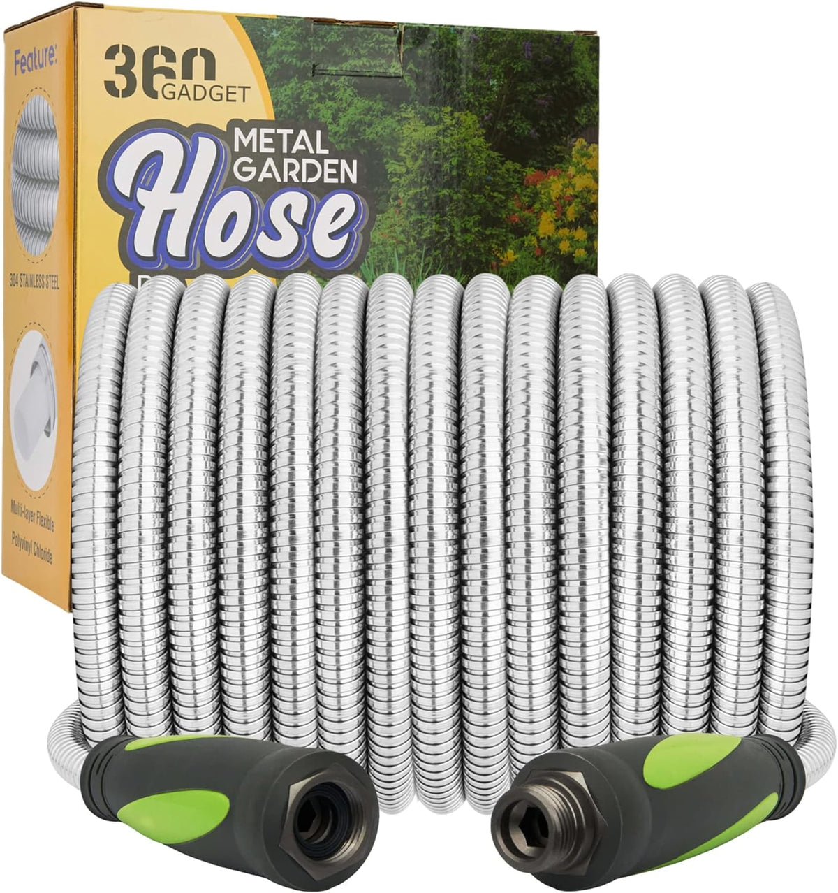 Garden Hose - Water Hose 100 FT with Swivel Handle, Flexible, Heavy Duty, No Kink, Lightweight Metal Hose for Outdoor, Yard, 304 Stainless Steel