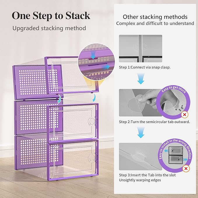 Kuject X-Large Shoe Storage Boxes Organizers Clear Plastic Stackable 12 Pack, Shoe Rack & Holder Substitute, Sneaker Containers, Toy Storage Organizer Bins for Entryway, Closet, Under Bed, Purple