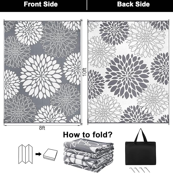 Ileading Reversible Outdoor Rug 8x10Ft Waterproof Patio Rug Carpet Portable Outdoor Plastic Straw Rug Large RV Camping Mat Rug for Patio, Clearance, Deck, Beach, Porch, Camping, Picnic, Grey