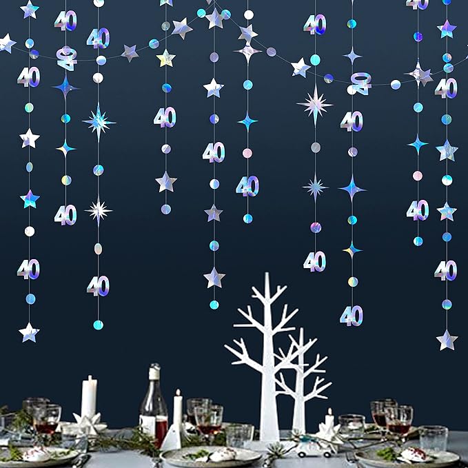 Iridescent 40th Birthday Decorations Number 40 Circle Dot Twinkle Star Garland Metallic Hanging Streamer Bunting Banner Backdrop for Women Mens 40 Year Old Birthday Forty Anniversary Party Supplies