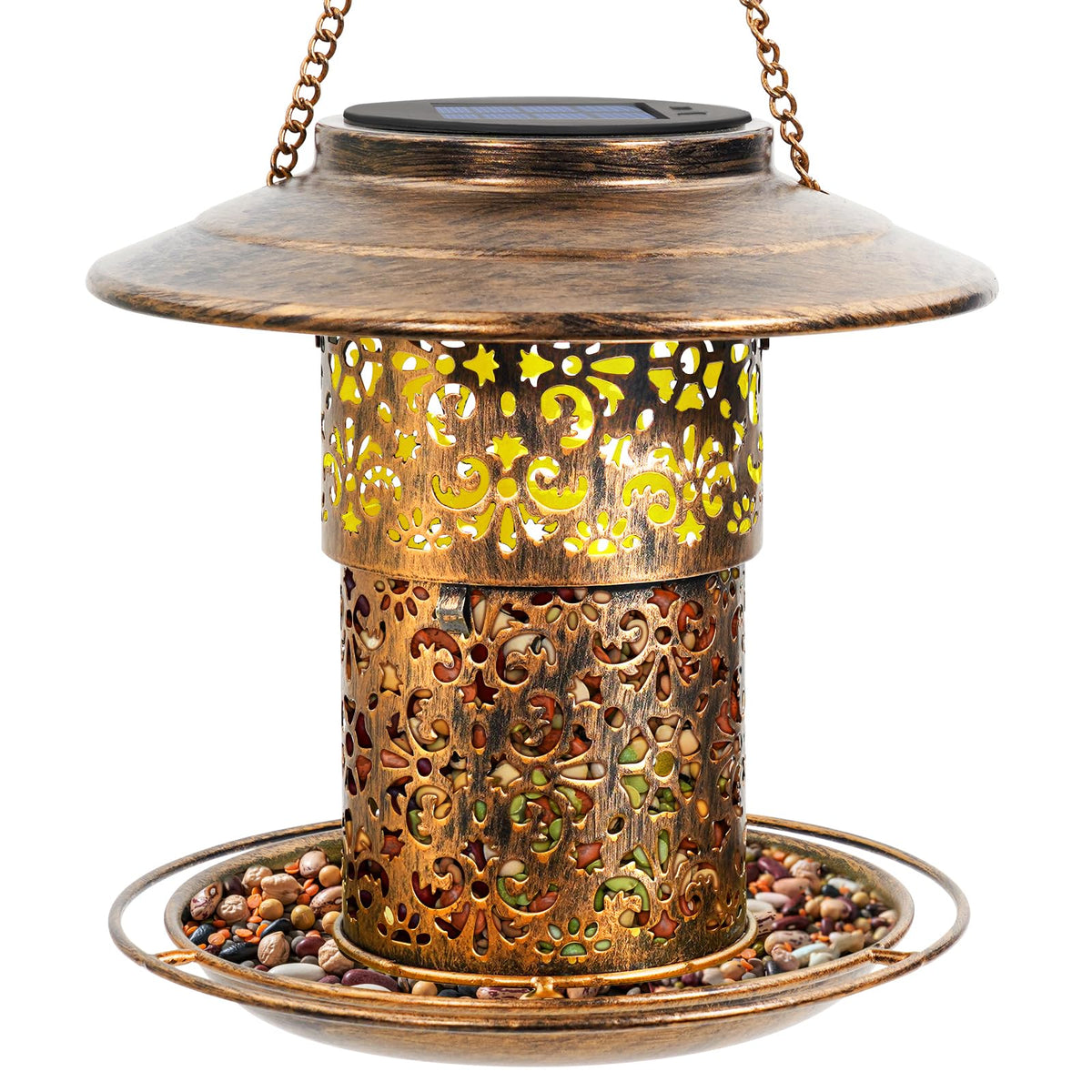 DY-SKTY Metal Bird Feeder for Outdoor Hanging, Large Capacity Solar light Wild Bird Feeder with Drainage Holes,Landing Ring, Solar Lanterns for Garden Decoration, Unique Bird Watching Gift for Outside