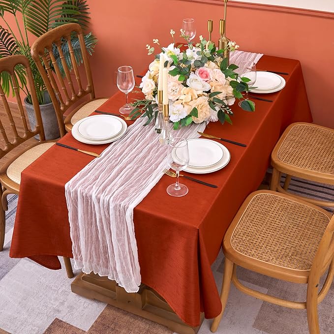 Fitable Faux Linen Rectangle Tablecloths 60 x 120 Inch - 2 Pack Rust Table Cloth for 6-8 Foot Tables, Faux Burlap Kitchen Table Cover for Thanksgiving Autumn Dining Party Farmhouse Banquet Buffet