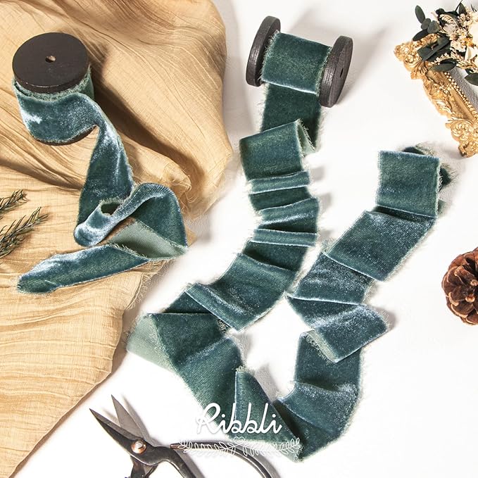 Ribbli Dusty Green Velvet Ribbon 1.5 Inch Handmade Frayed Vintage Steel Blue Christmas Ribbon for Gift Wrapping Christmas Tree Ornament Wreath Craft Home Decor -Total 3 Yards with Wooden Spool