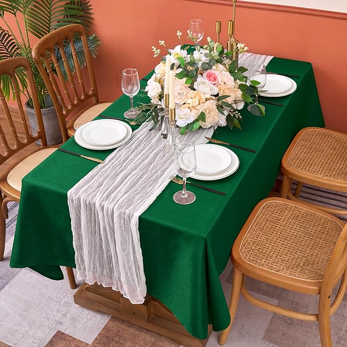 Fitable 2 Pack Faux Linen Christmas Tablecloths, Burlap Textured Fabric Table Cloth Rectangle, Decorative Table Covers for Winter Holiday Dinner Party Farmhouse (Hunter Green, 60 x 84 Inch)