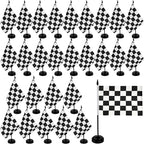 28 Pcs Black and White Checkered Racing Stick Flag Mini Race Car Office Table Desk Flags with Stand Base for Race Car Office Home Decorations and Party Celebrations
