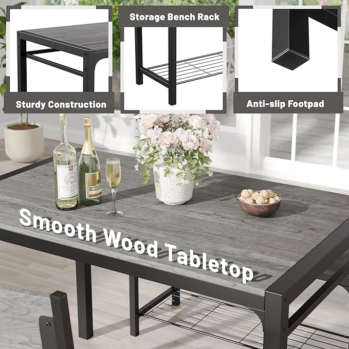 JUMMICO 43.3" Dining Table Set for 4, Kitchen Table with Bench & 2 Chairs Modern Rectangular Metal Frame Dining Furniture Set for Small Space (Grey)