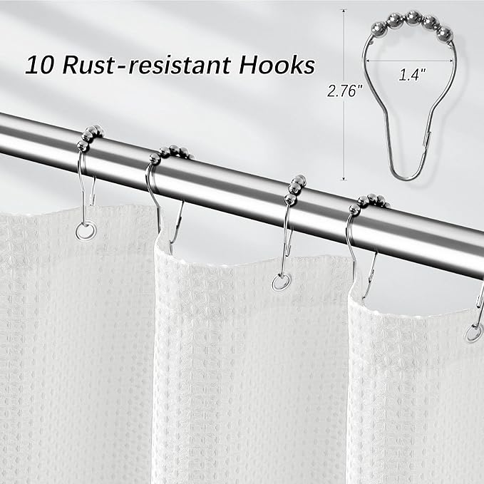 Stall Waterproof Shower Curtain Waffle Weave 60 Inches Beige Heavy Duty for Bathroom, Machine Washable 256GSM Modern Shower Curtains with 10 Metal Hooks, 60Wx72H