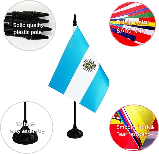 Argentina Desk Flag, 12 Pack Argentinian Table Office Flag with Black Solid Pole and Stand Base, International Country Flag, Festival Celebration, Classroom Meeting Desktop Decor (Argentina)