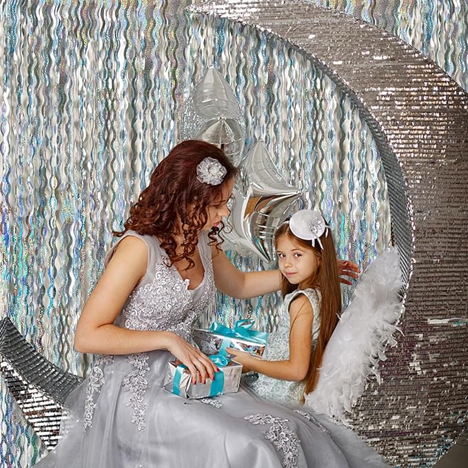 2 Pack Silver Backdrop Curtain Tinsel Streamers Sparkle Metallic Wavy Foil Fringe Photo Booth Props for Birthday Graduation Bachelorette New Year Christmas Wedding Disco Party Decorations