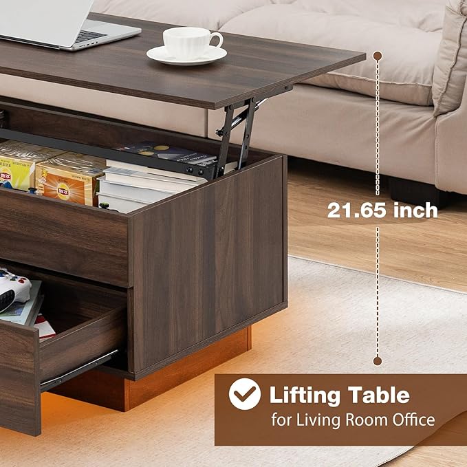 HOMMPA Modern Lift Top Coffee Table with Storage for Living Room, LED Coffee Table, Wooden Lift Table Top Dining Table with 2 Drawers Hidden Compartment & Metal Frame, Walnut