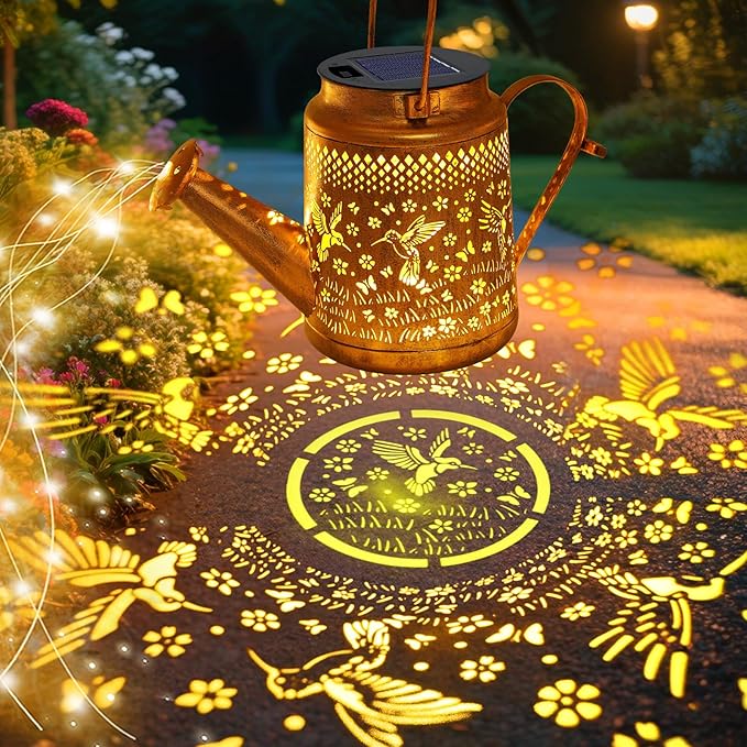 VOOKRY 2 Pack Hummingbird Metal Solar Watering Can Lights, Solar Lights Outdoor Waterproof, Gifts for Women Mom Mother's Day, Hanging Lanterns Decorative Garden Decor for Outside Yard Patio Lawn