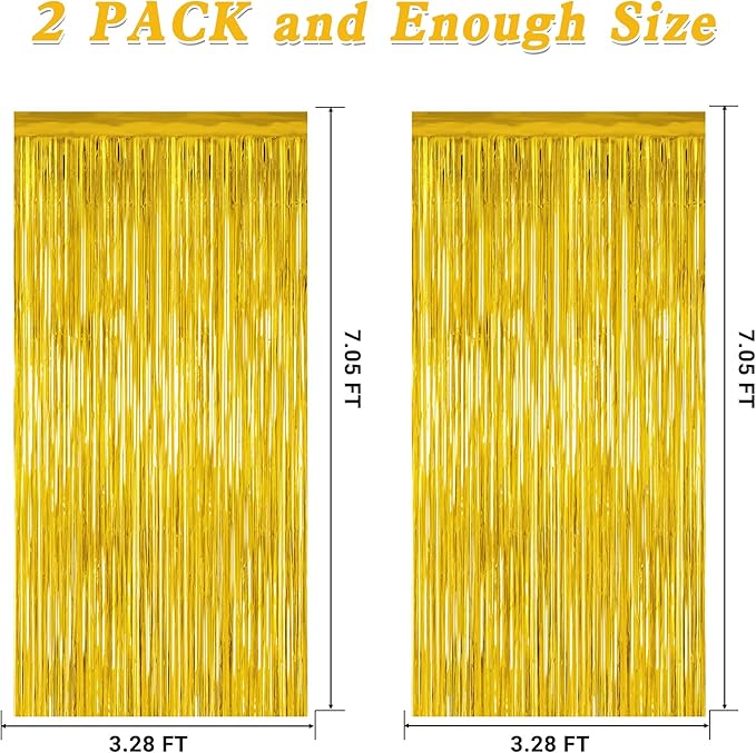 2 Pack Gold Tinsel Backdrop, 3.28 FT x 7.05 FT Metallic Fringe Curtain, Gold Color Graduation Backdrop Party Streamers, Party Supplies Door Decorations for Birthday Anniversaries