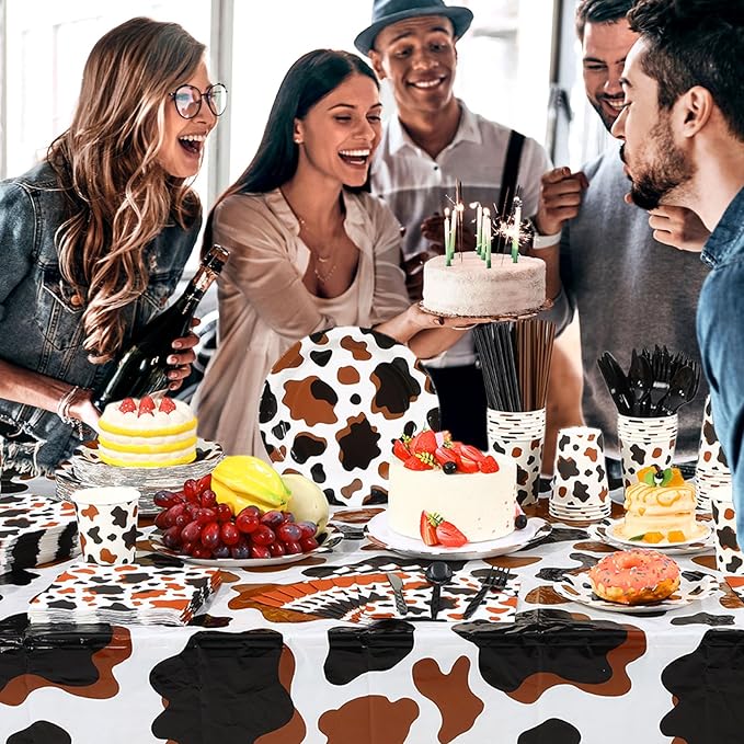 452 Pcs Cow Print Party Decorations Supplies Include Brown Cow Print Paper Plates Napkins Cups Tablecloth Cutlery Straws for Western Rodeo Birthday Baby Shower Farm Animal Party Decorations