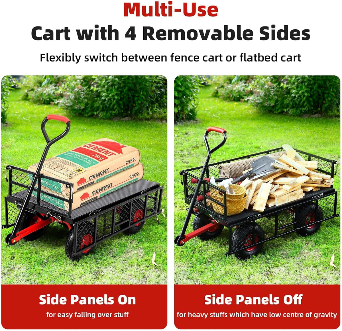 Heavy Duty Steel Garden Dump Cart, 880LBS Meatl Utility Wagon with Removable Sides & 180° Rotating Handle, Utility Dump Cart with 10-Inch All Terrain Wheels for Yard Lawn and Farm