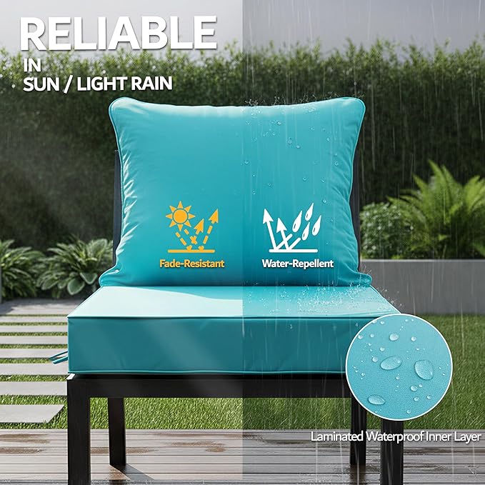 24x24 Inch Outdoor Chair Cushion with Removable Cover, Patio Furniture Cushion - Water-Repellent, Fade-Resistant, Non-Slip Bottom & Straps, Replacement for Deep Seat Sofa & Couch - Teal