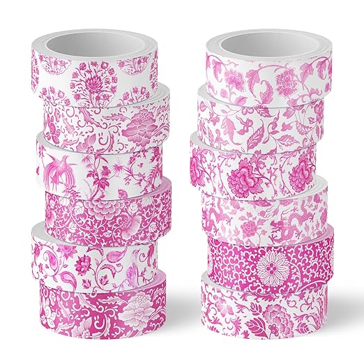 Whaline 12 Rolls Pink Floral Washi Tape Chinoiserie Flower Decorative Masking Tape Set Vintage Wrapping Paper Tape for Scrapbook Journal DIY Art Crafts