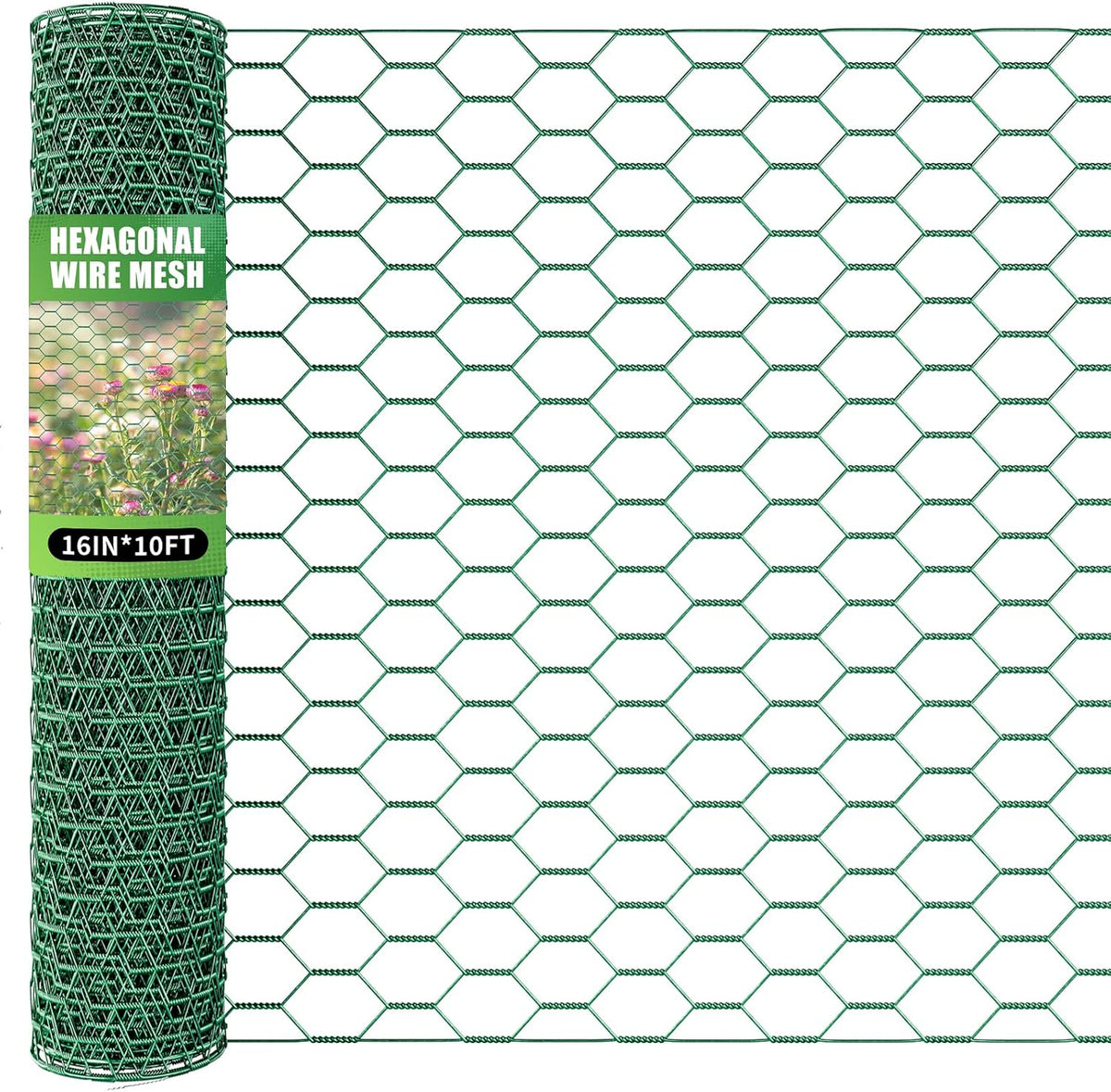 16in x 10ft Chicken Wire for Floral Arrangements, Green Chicken Wire, Hexagonal Galvanized Wire Mesh for Poultry Barrier, Flower Arrangement, Crafts and Garden