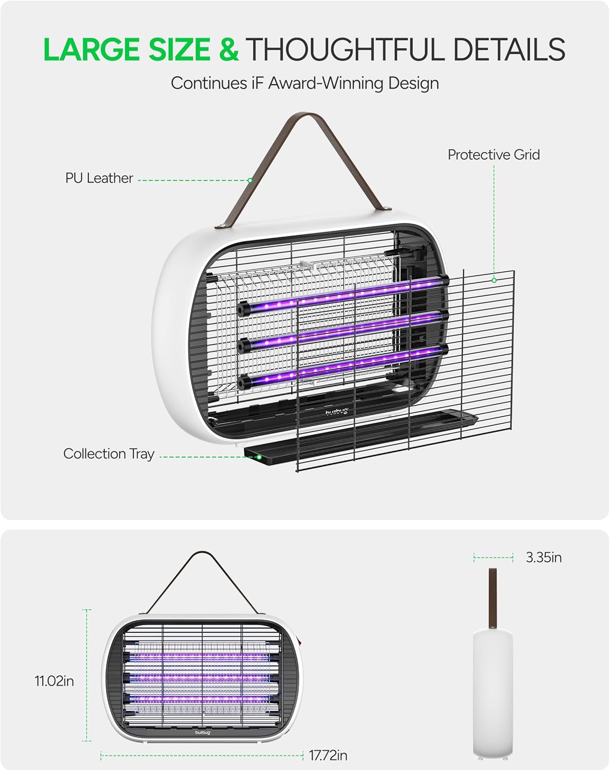 Buzbug Upgraded LED Bug Zapper Indoor, 10 Years Lifespan 3 Lamps Sustainable Less Power, 3800V Powerful Electric Mosquito Zapper, Durable Fly Trap Mosquito Trap, Fly Killer Fly Zapper -MA015PLUS