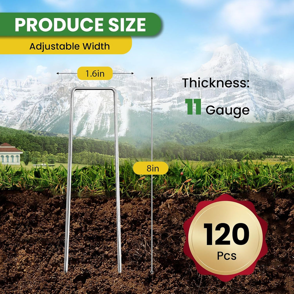 Landscape Staples Galvanized 8 Inch 120 Pcs, Metal Garden Stakes 1.6 Inch, Garden Staples for Lawn 11 Gauge