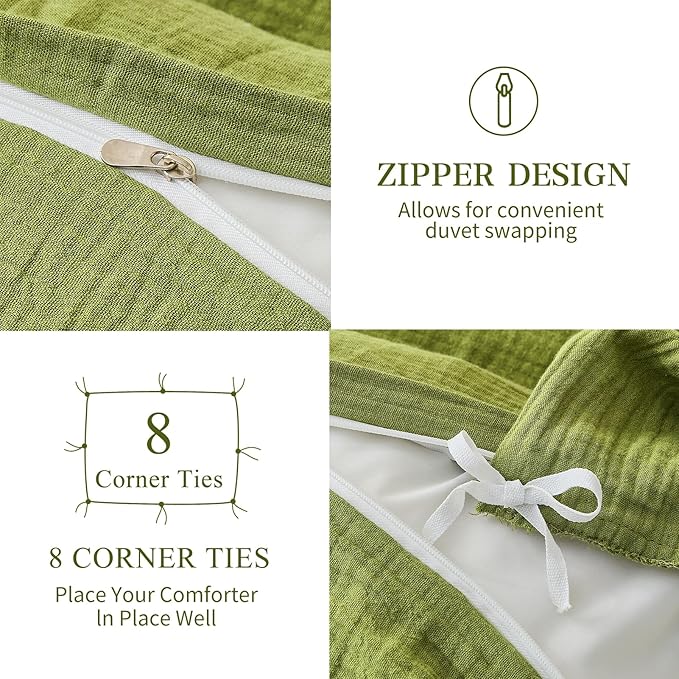 MEISHANG Muslin Duvet Cover Queen Size - 100% Organic Cotton, Soft Textured Gauze Weave Comforter Cover for Breathable All-Season with Zipper Closure - 3 Piece Set (Queen, Forest Green)
