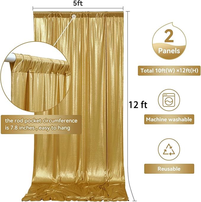 10x12ft Gold Sequin Backdrop Curtain Panels for Parties, Wrinkle Free Glitter Photo Backdrop Drapes 2 Panels 5x12FT Shimmer Back Drop Cloth for Wedding Birthday Christmas Photography Background
