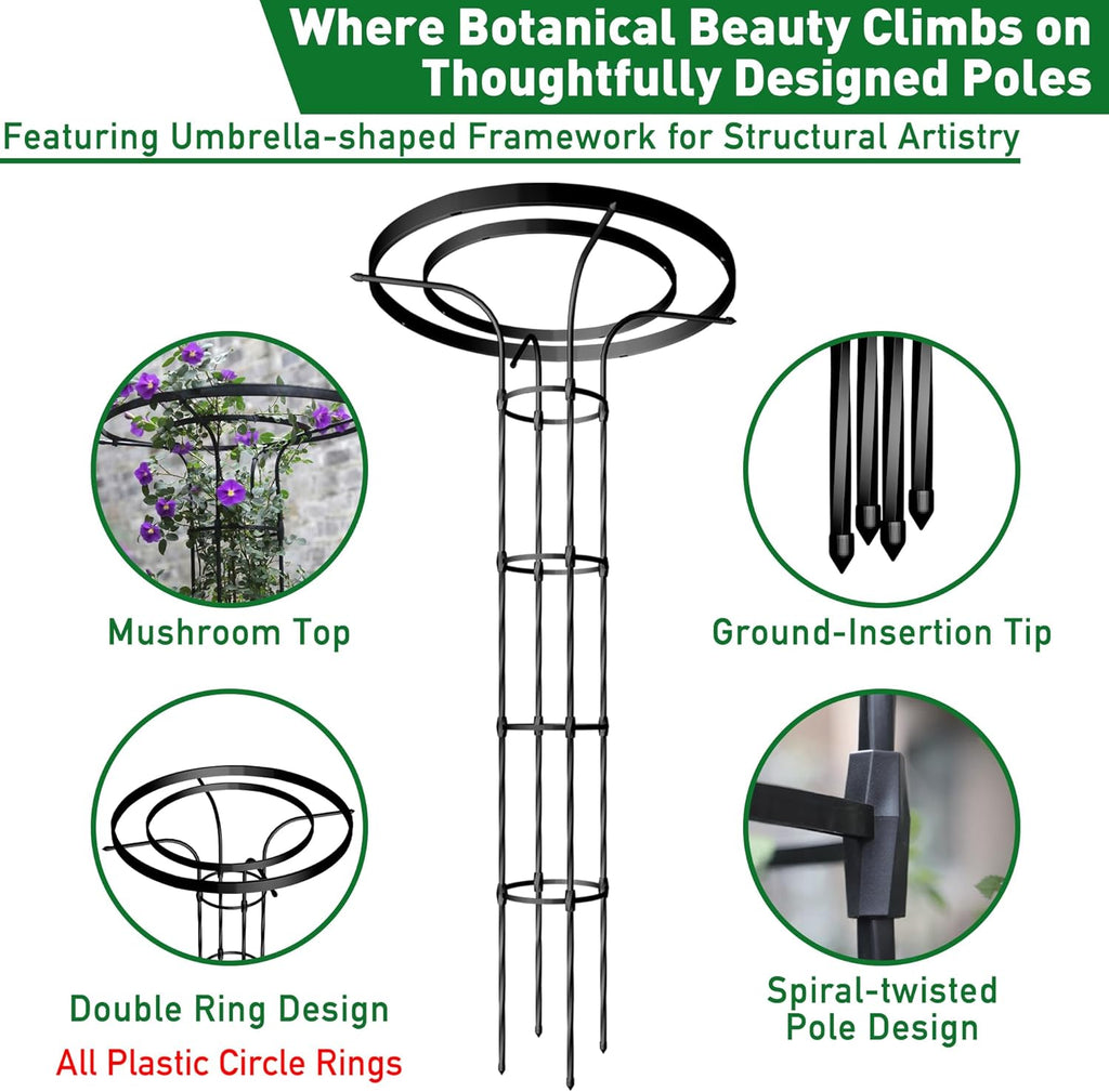 Mushroom Top Trellis for Climbing Plants Outdoor, 3.44FT Decorative Obelisk Plant Support with Rustproof PE-Coated Metal, Rose Trellis for Clematis Ivy, Black