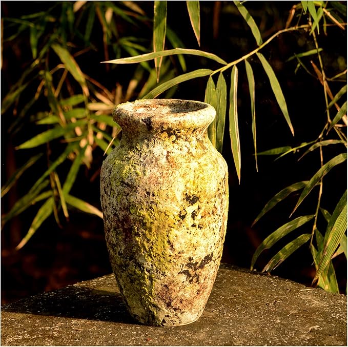 roro Handmade Green Mossy Classical Asian Antiquity Matte Rustic Ceramic Stoneware Vase, 7.5 inch Tall