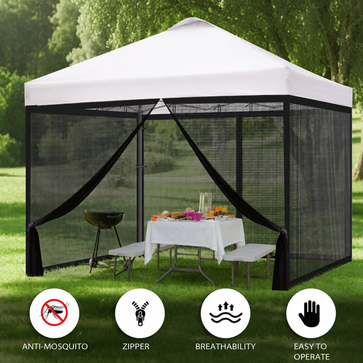 10x10 ft Mosquito Netting for Pop Up Canopy, Universal Bug Screen Tent Enclosure, Outdoor Canopy Mesh Net with Zipper Doors for Camping, Patio, Backyard (Netting Only，Black)
