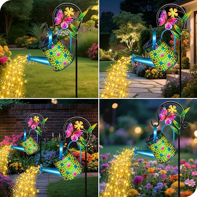 2 Pack Solar Lights Outdoor Decorative, Blue Metal Solar Watering Can Lights Waterproof, Gifts for Women Mom Grandma Mother's Day, Hanging Lanterns Decoration Garden Decor for Outside Yard Patio Lawn
