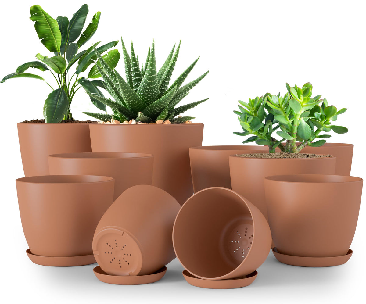 Plant Pots Indoor with Drainage 10 Pack Multi-Size Planters Set Terracotta