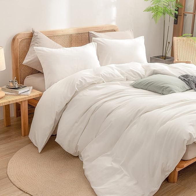 BESTOUCH Duvet Cover Set 100% Washed Cotton Linen Feel Super Soft Comfortable Chic Lightweight 3 PCs Home Bedding Set Solid Off White Super King