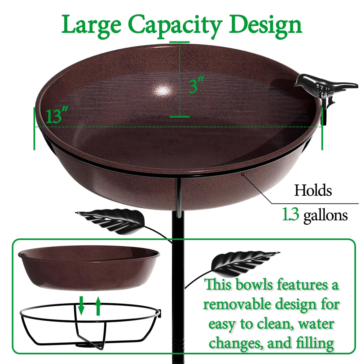 Polyjkl 3" Deep Metal Bird Bath for Outdoors 40in Tall, Removable 13" Dia Birdbath Bowl with Stable Stake, Vintage Birdbaths and Bird Feeders for Outside Garden Yard Patio Lawn Decor(Antique Bronze)