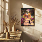 Krtoni Framed Vintage Monet Garden Cat Canvas Wall Art, Famous Oil Paintings Monet Flowers Black Cat Wall Decor, Cute Kitten Lovers Aesthetic Print For Farmhouse Gallery Bedroom Bathroom 16''L x 12''W