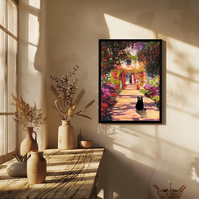 Krtoni Framed Vintage Monet Garden Cat Canvas Wall Art, Famous Oil Paintings Monet Flowers Black Cat Wall Decor, Cute Kitten Lovers Aesthetic Print For Farmhouse Gallery Bedroom Bathroom 16''L x 12''W