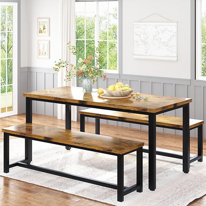 Recaceik Dining Table Set with Bench, 3 Pieces Dining Furniture Set Kitchen Table Set Sturdy Structure Space-Saving Dinette for Kitchen, Dining Room Breakfast Nook, Living Room, Rustic Brown