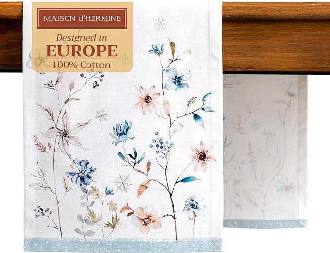 Maison d' Hermine Table Runner 100% Cotton Single Layer Table Runners 108 inches Long for Thanksgiving Christmas Decorations Home Kitchen Dining Party Wedding (Ice Florals, 14.5" x 108")