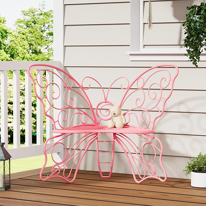 36 Inch Outdoor Bench, Cute Garden Bench with Metal Frame, Weatherproof Butterfly Front Porch Benches for Lawn, Garden, Yard, Balcony, Pink