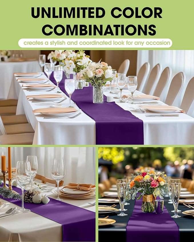 Pureegg Purple Plastic Table Runners - 10 Pack, 14'' x 108'', Water Resistant & Disposable Centerpiece Decorations for Table Cloth, Wedding, Birthday, Holiday, Baby Shower, Party, Home Decor
