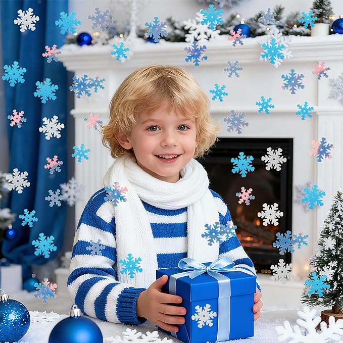 MARFOREVER Snowflakes Glitter Confetti, Christmas Sparkly Clear and White Snowflake Scatter Mixed Size Winter Party Sprinkles Winter Wonderland Frozen Decorations