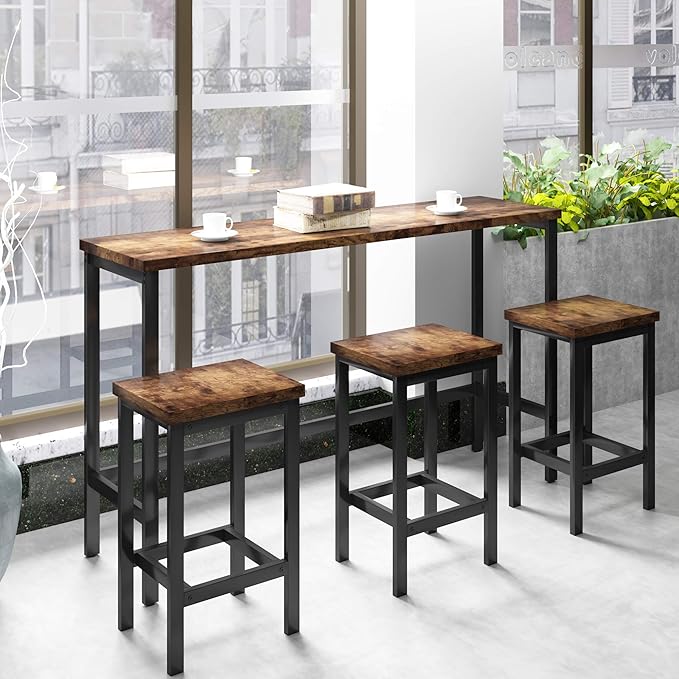 Harper & Bright Designs 4-Piece Dining Table Set, 60.2" L Solid Wood Dining Table with 3 Stools and Metal Frame for Kitchen Dining Room, Antique Brown + Black
