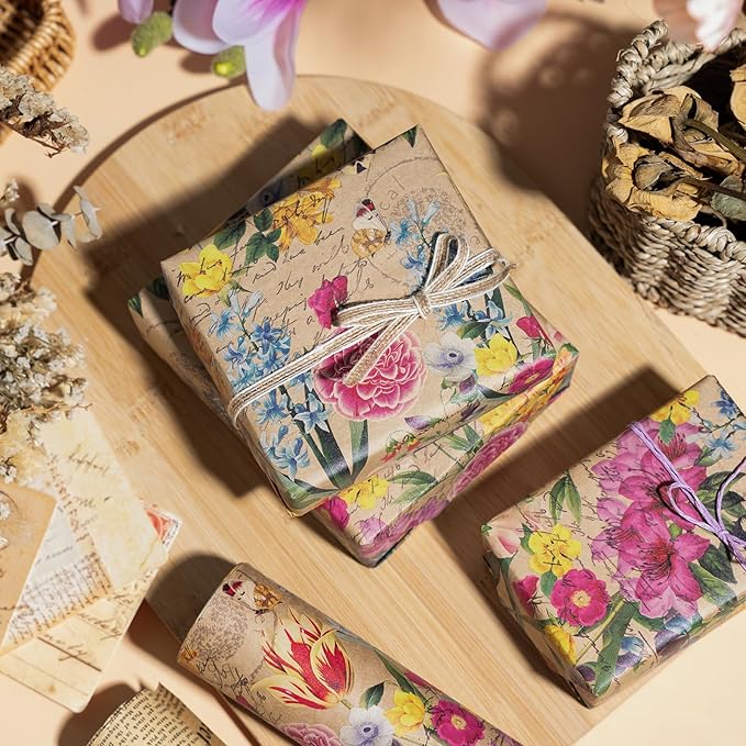 WRAPAHOLIC Kraft Floral Wrapping Paper Roll - Mini Roll - 17 Inch x 33 Feet - All Occasion Vintage Flower for Wedding Bridal Shower Birthday