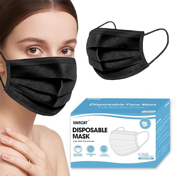 NNPCBT Black Disposable Face Masks 125 Pack,3-Ply Breathable Mask For Adults,Great For Outdoors,Home, Office, School