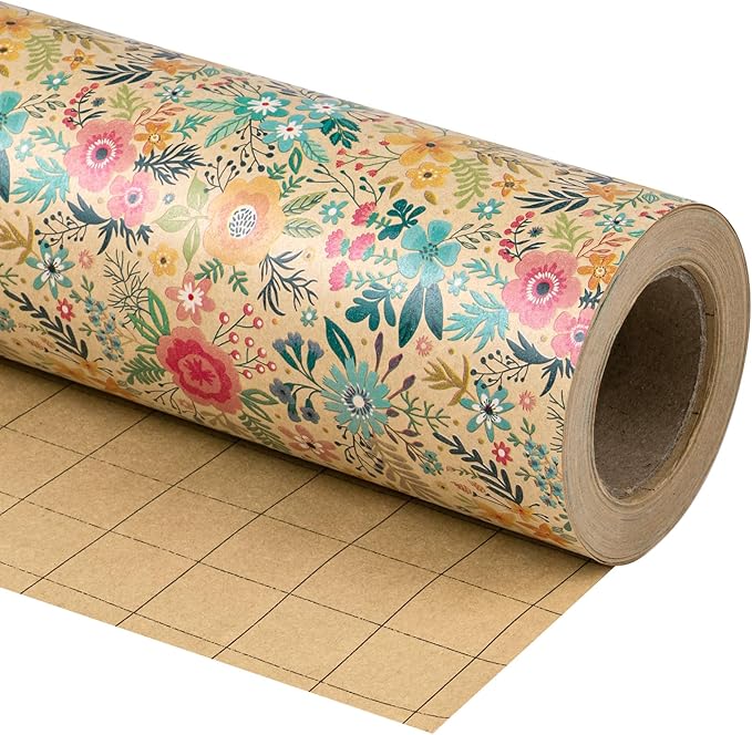 WRAPAHOLIC 30 Inch Jumbo Kraft Floral Wrapping Paper Roll - 30 Inch x 33 Feet - Spring Summer Garden Flower Design Perfect for Wedding, Bridal Shower, Birthday