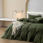JIYUAN 100% Washed Cotton Duvet Cover Set 3 Pieces Cal King, 1 Duvet Cover 104x98 Inches(Comforter Not Included) and 2 Pillowcases,Linen Feel Bedding Set Comfy and Breathable,Olive Green