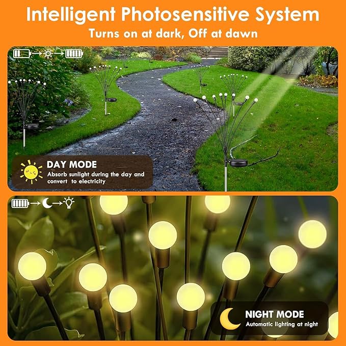 Solar Garden Lights, 8 Pack 64LED Solar Firefly Lights, Waterproof Garden Light Outdoor with 2 Lighting Modes, Swaying Light for Outside Yard, Walkway, Patio, Lawn, Flower Bed Decoration (Warm White)