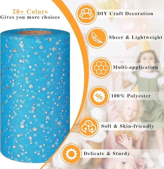Glitter Tulle Rolls, 6” by 50 Yards (150FT) Netting Fabric Tulle for Tutu Skirts Sewing Birthday Wedding Party Decoration (Peacock Blue)